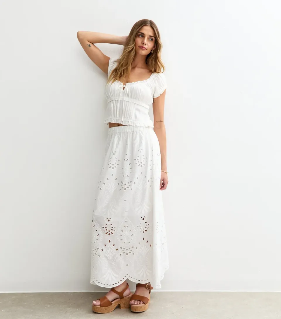 Women's White Embroidered Midi Skirt