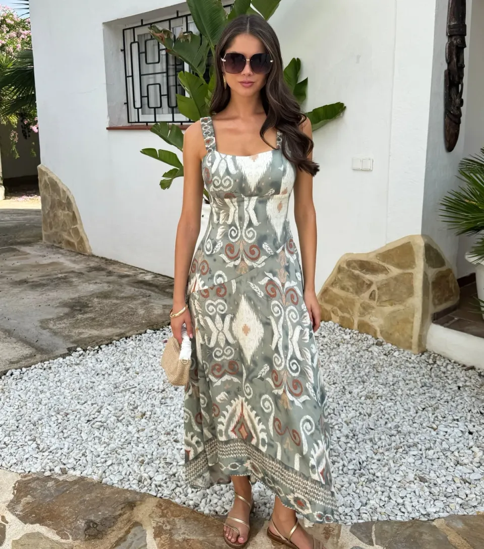 Women's Grey Ruched Strap Printed Midi Dress