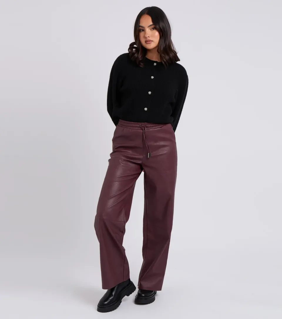 Women's Burgundy Leather Look Wide Leg Trousers