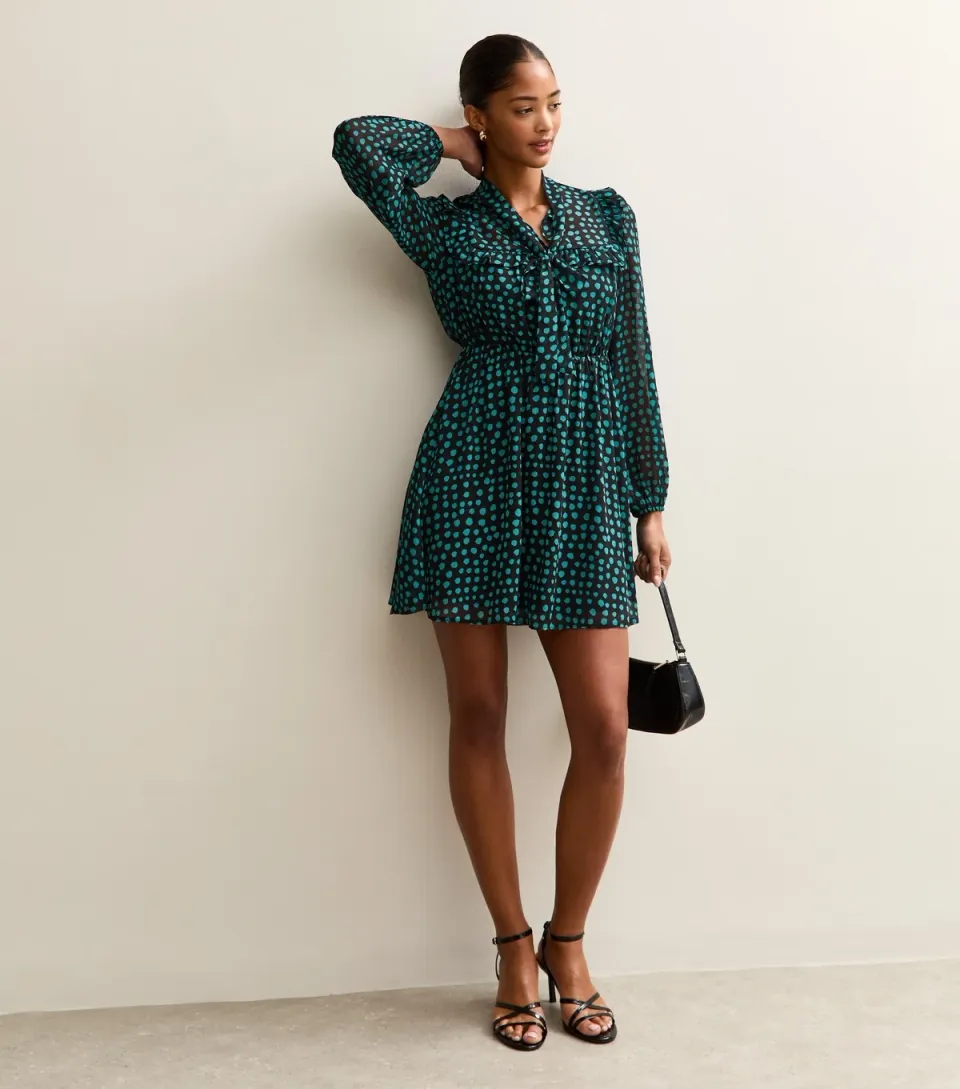 Women's Blue Chiffon Spotty Mini Dress