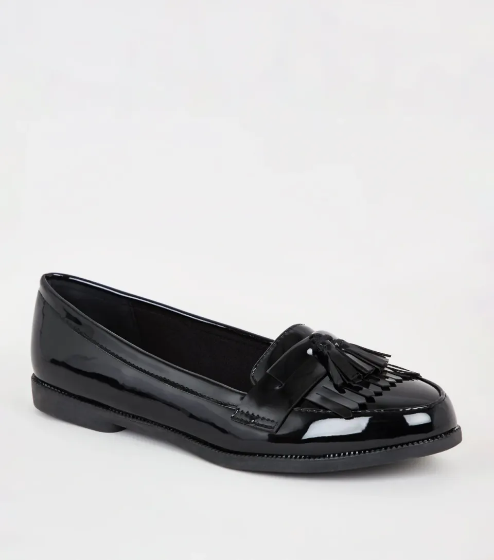 Women's Black Patent Front Tassel Trim Loafers Vegan