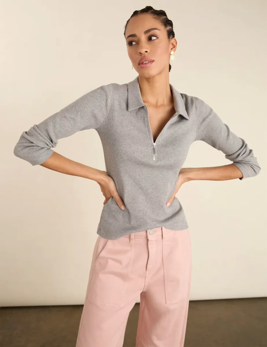 Pure Cotton Collared Half-Zip Top Grey Marl