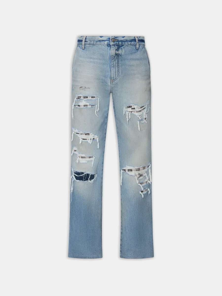 CHECKERED REPAIR BOOTCUT JEAN - Aged Indigo