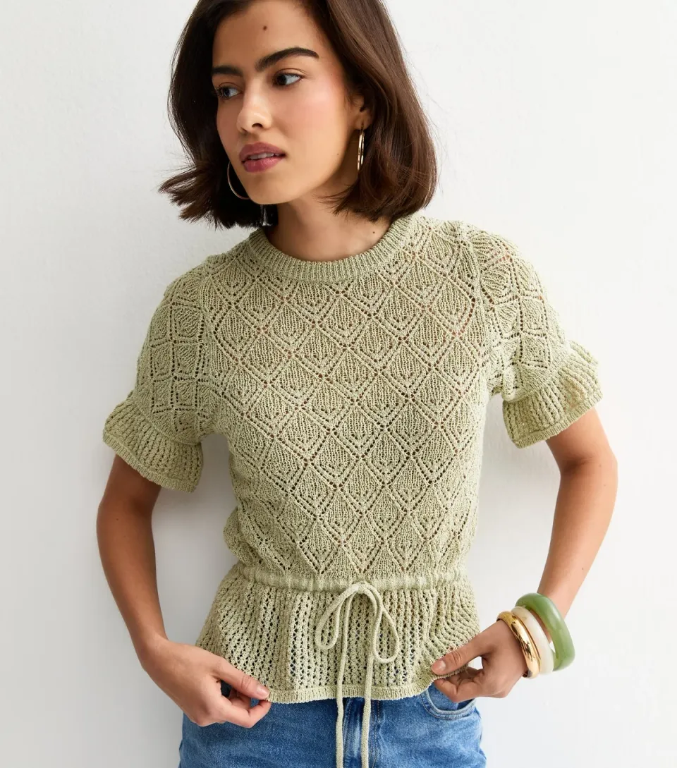 Women's Green Open Knit Drawstring Waist Frilly Trim Top