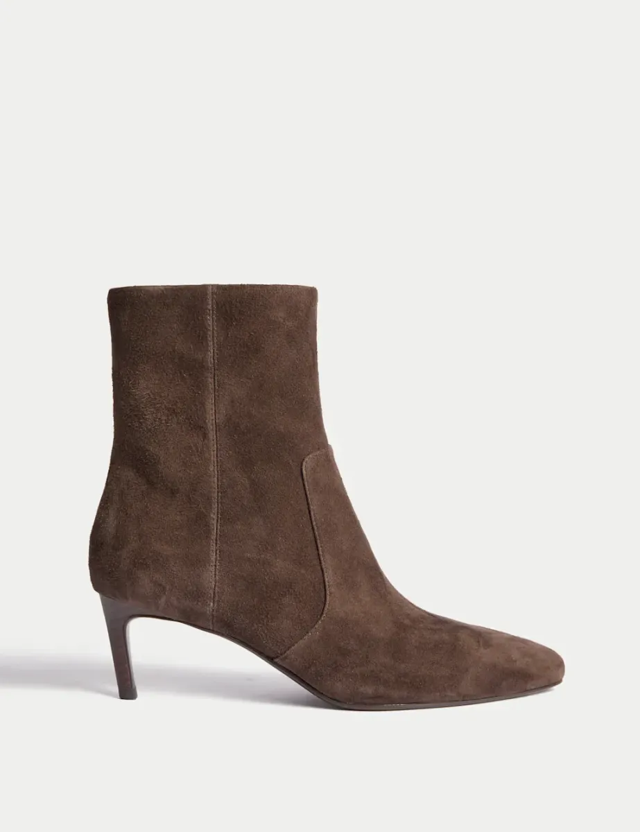 Suede Kitten Heel Pointed Ankle Boots Chocolate