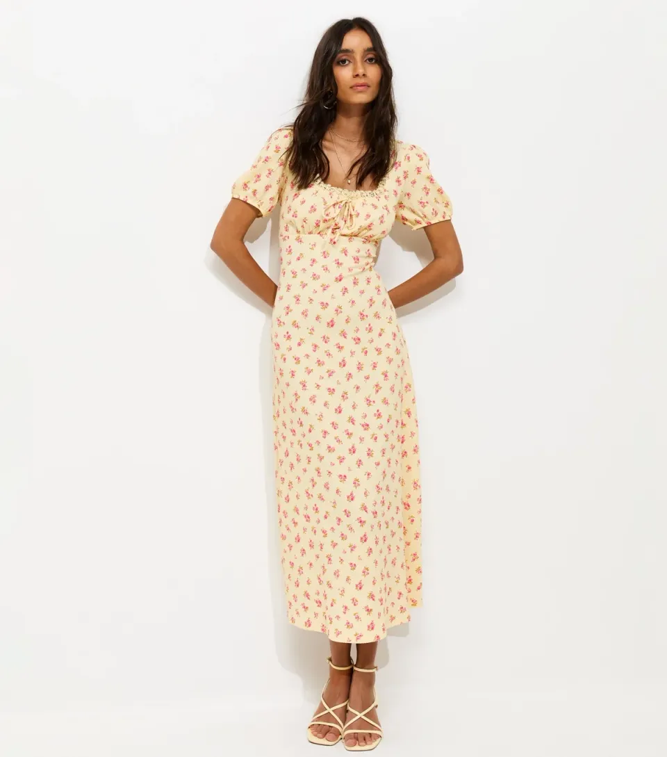 Women's Yellow Crinkle Texture Floral Print Milkmaid Midi Dress