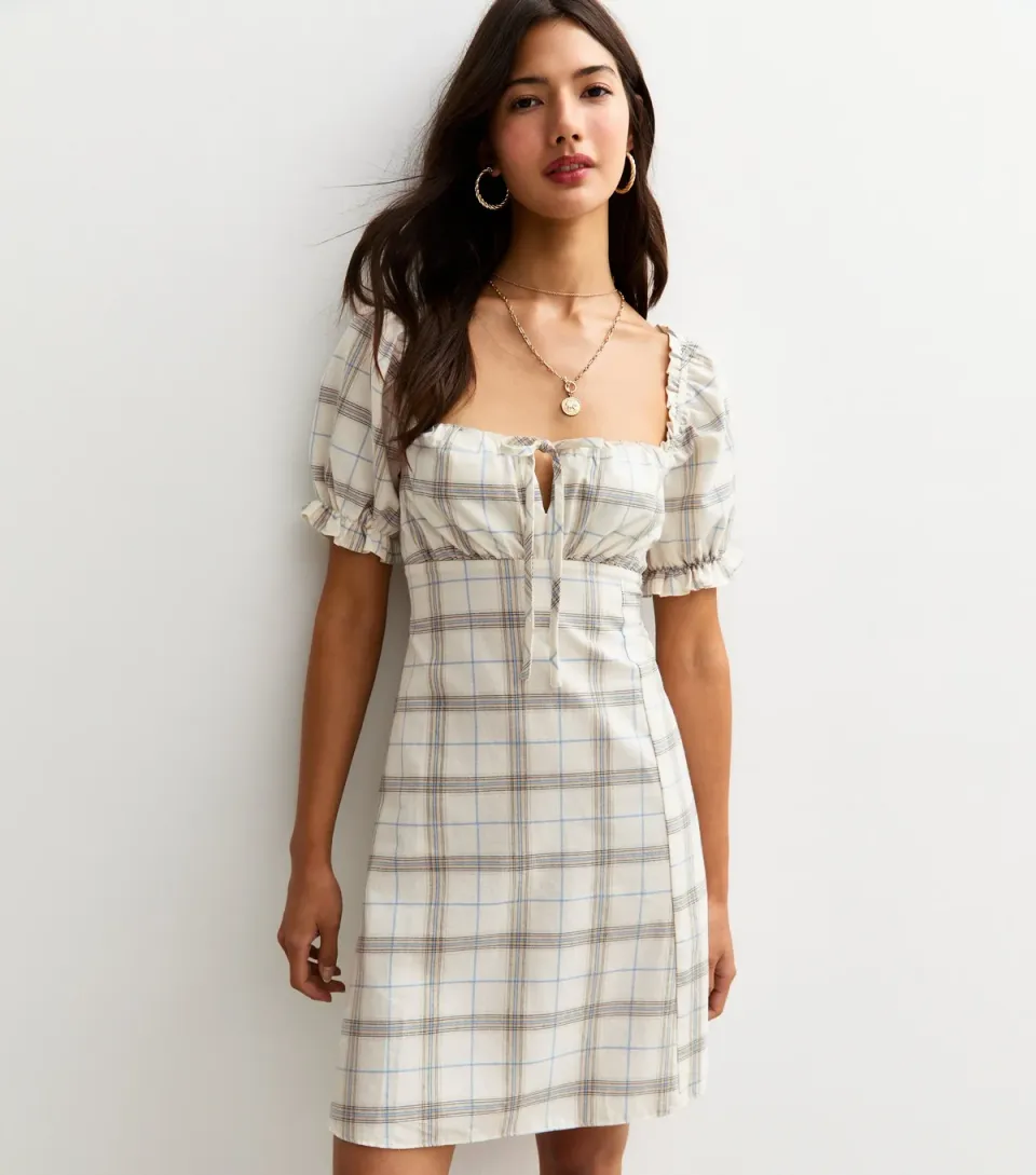 Women's Cream Checked Milkmaid Mini Dress