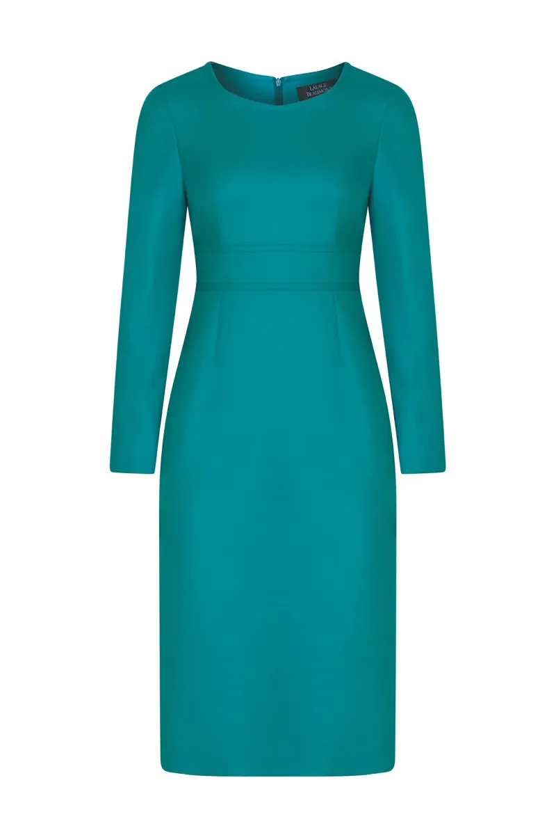 Teal Wool Dress with Long Sleeves and Waistband - Toni