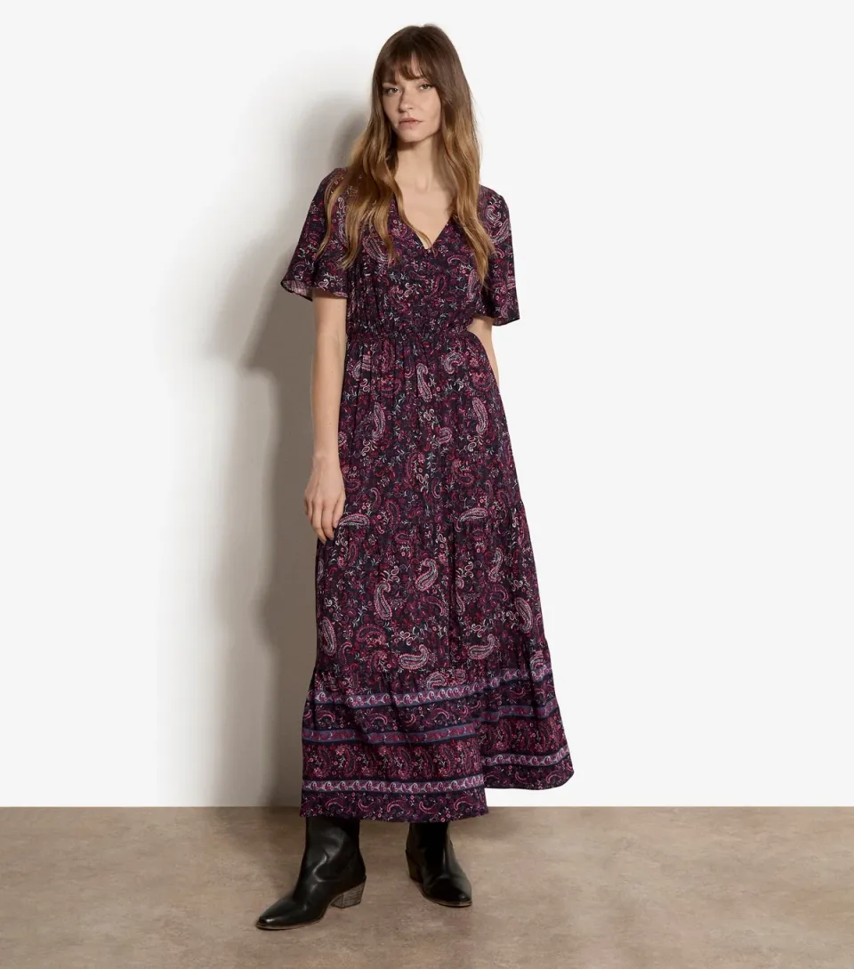 Women's Navy Paisley Short Sleeve Midi Dress
