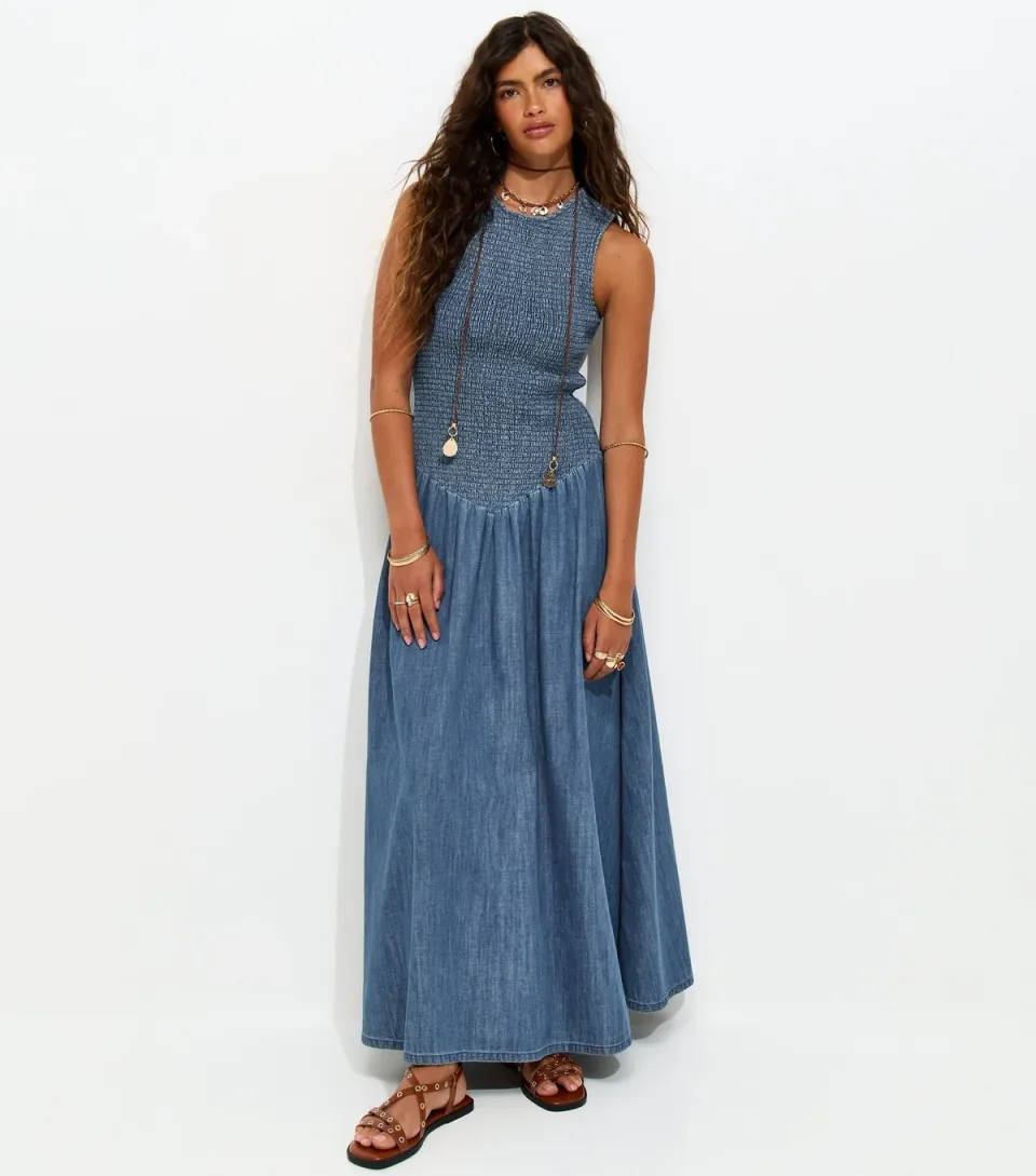Women's Blue Denim Shirred Dropped Waist Maxi Dress