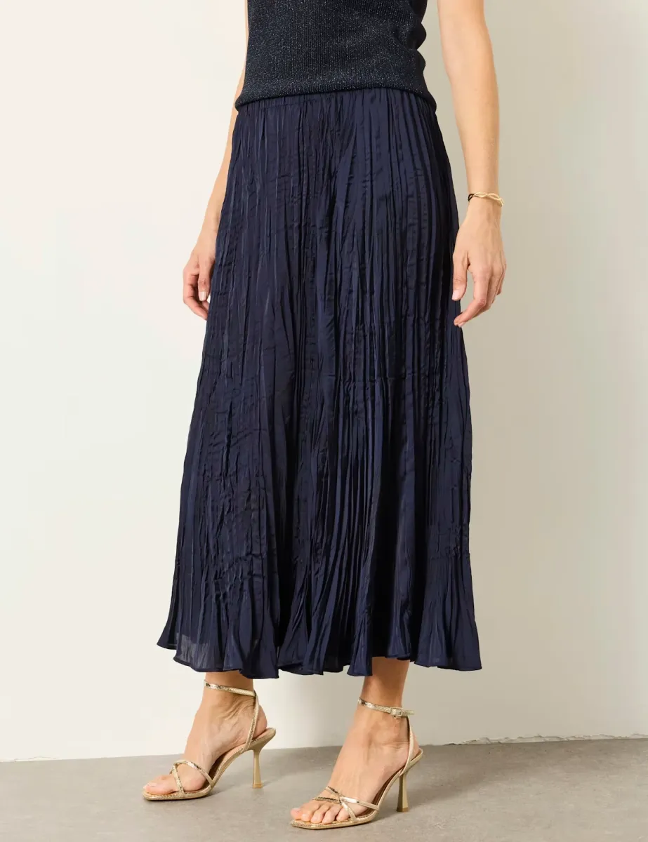 Textured Pleated Midi Skirt Navy
