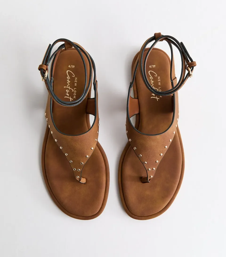 Women's Tan Faux Suede Studded Toe Post Flat Sandals Vegan
