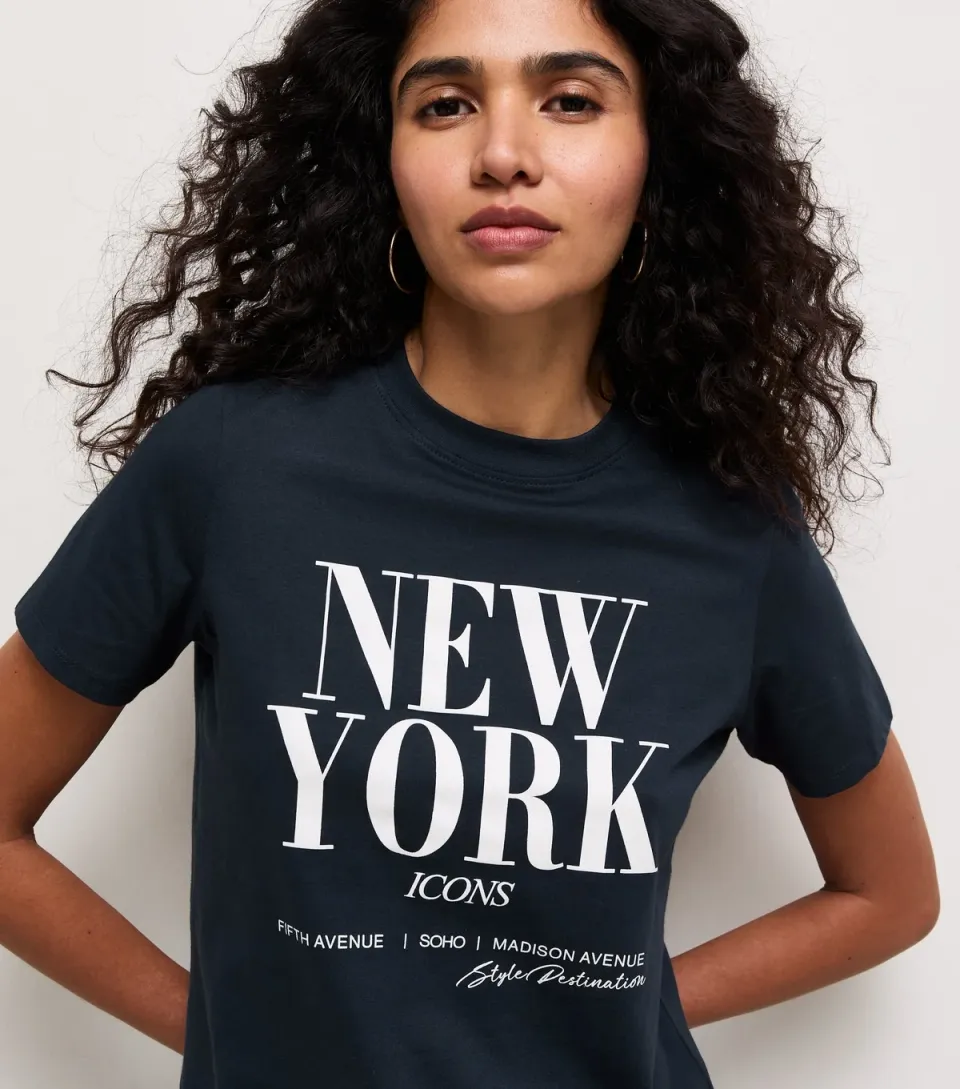 Women's Black Cotton New York Logo Relaxed T-Shirt