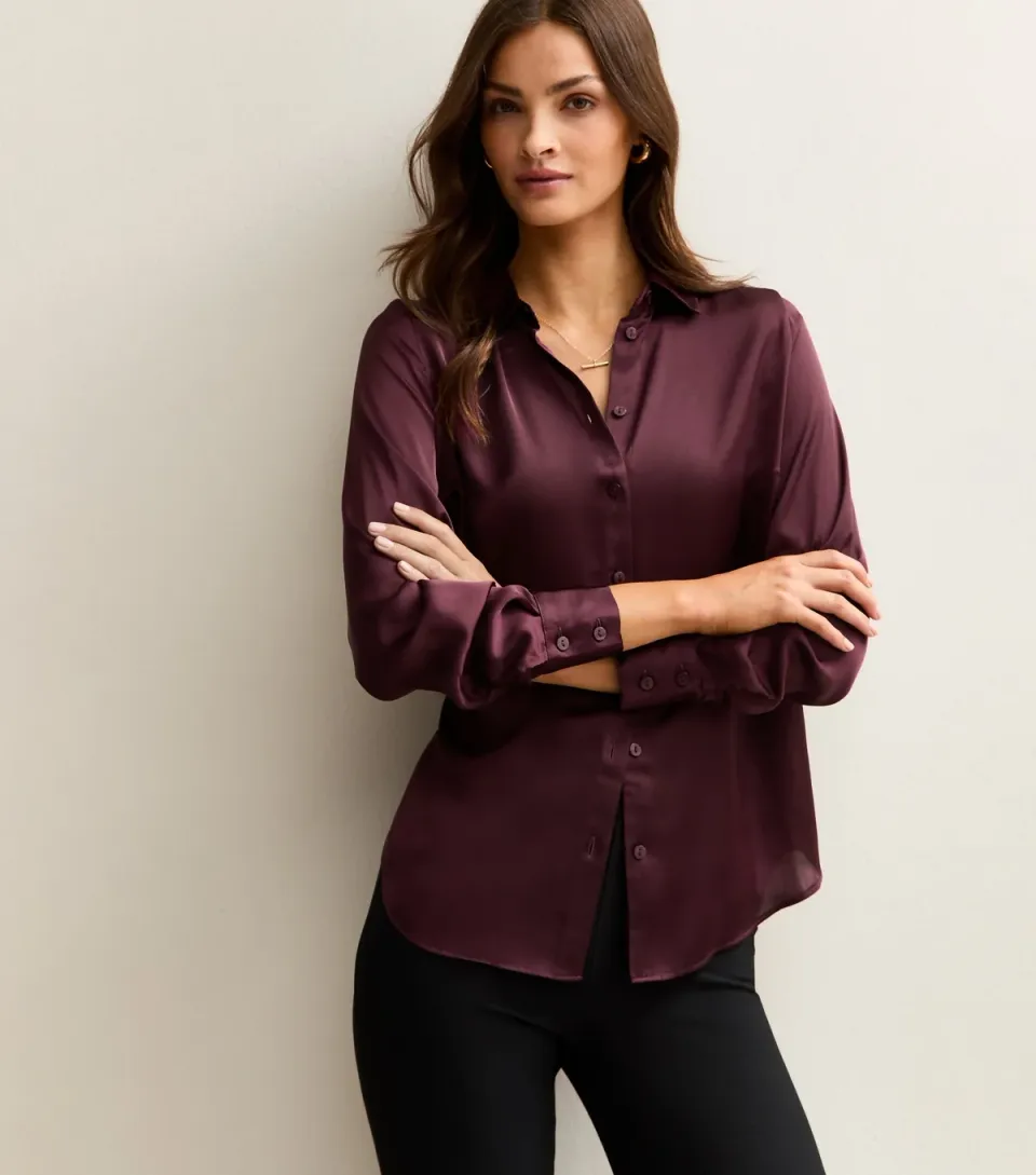 Women's Tall Burgundy Satin Shirt
