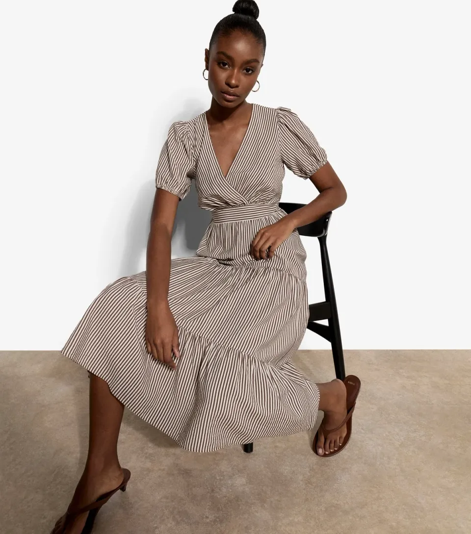 Women's Brown Multi Stripe Tiered Midi Dress