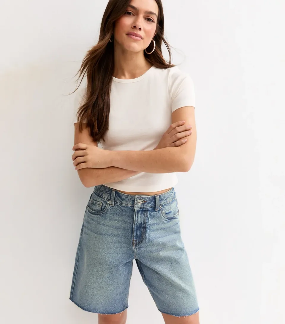 Women's Petite Light Blue Raw Hem Denim Bermuda Shorts