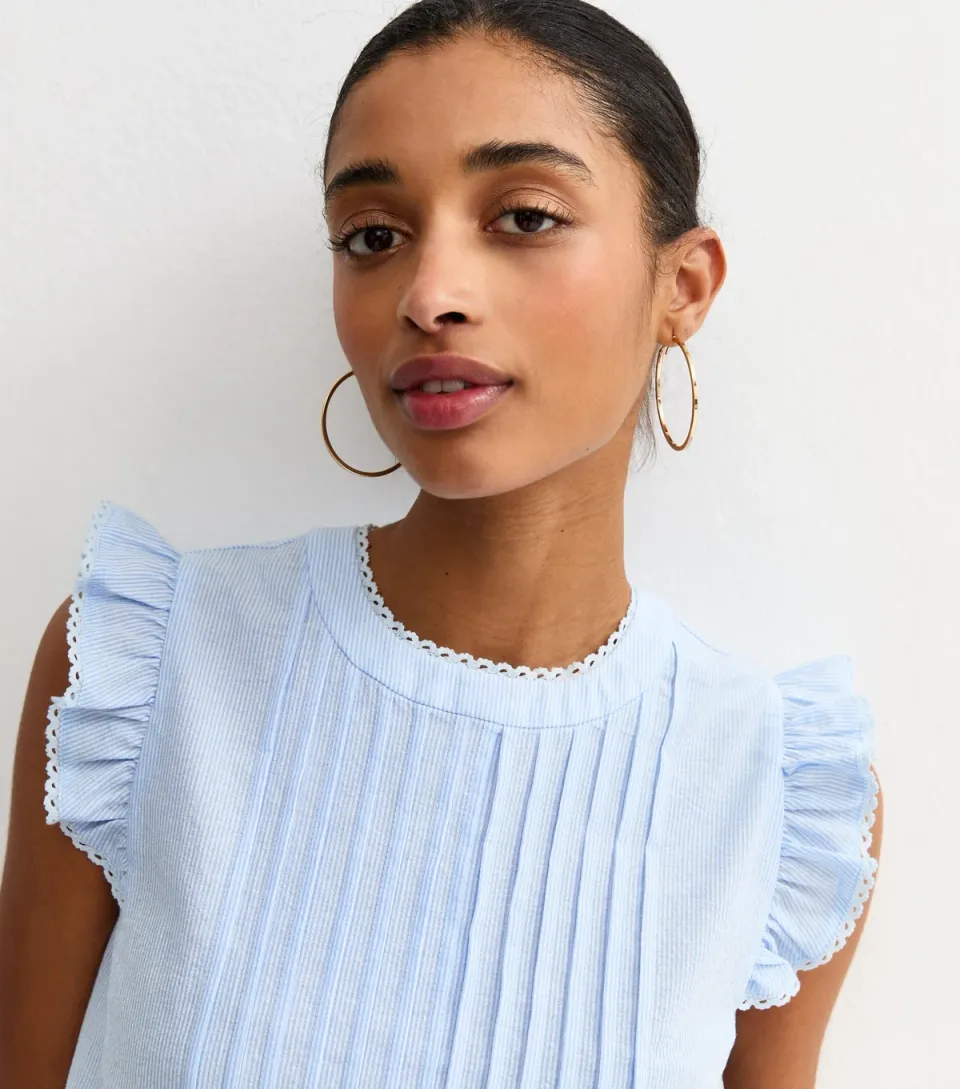 Women's Blue Striped Pintuck Sleeveless Blouse
