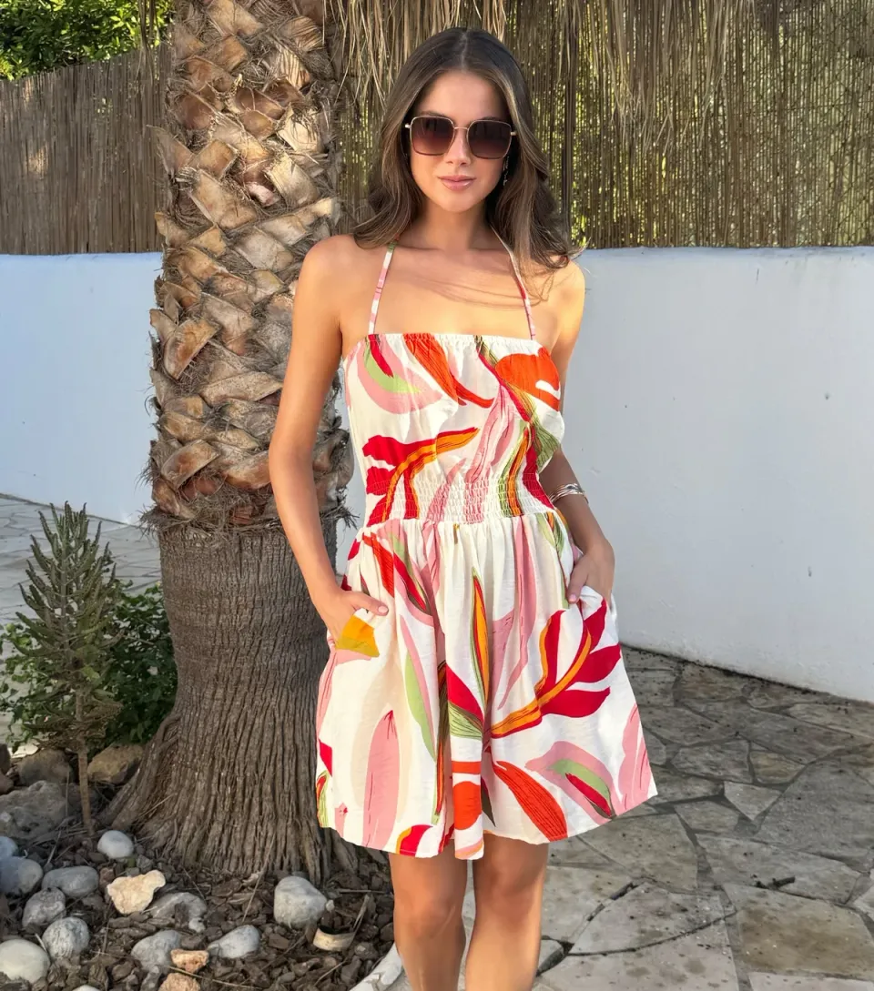 Women's Multicolour Leaf Print Tie Neck Mini Dress