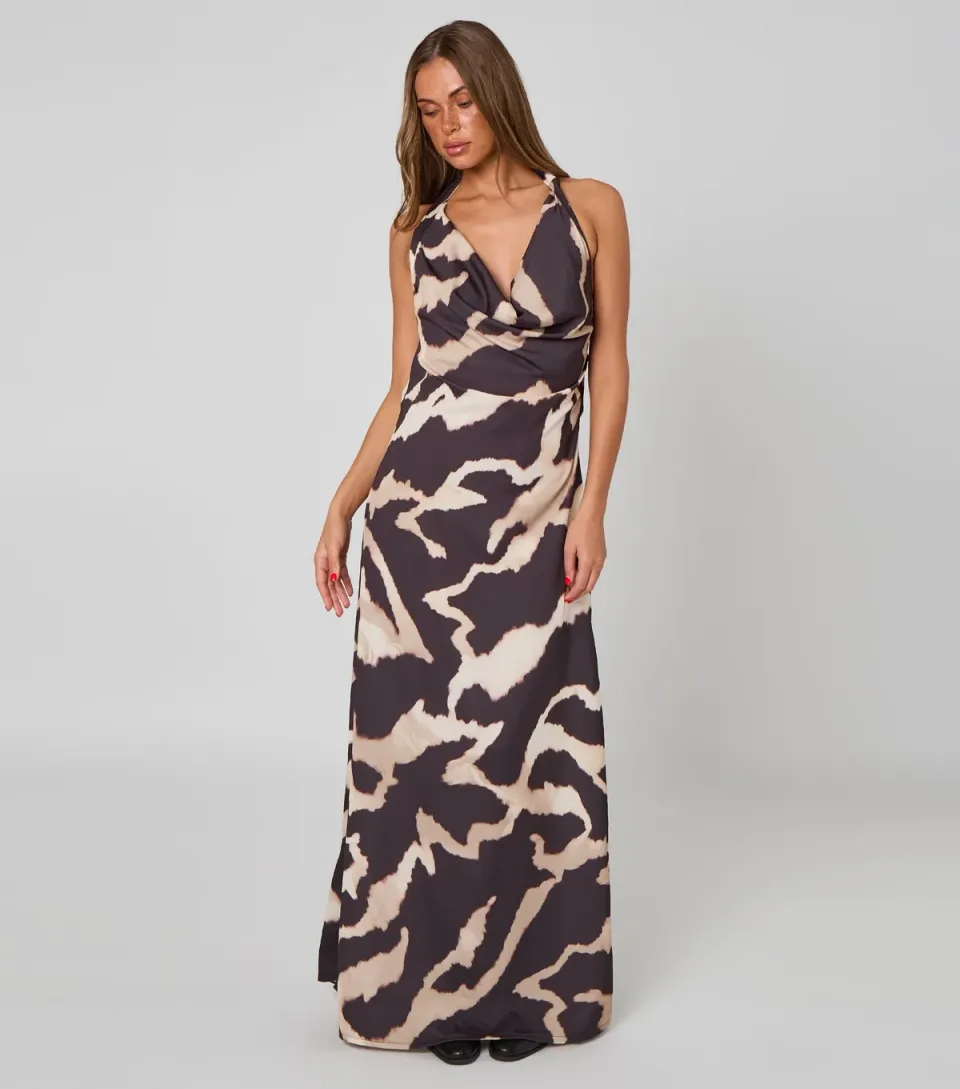 Women's Black Tortoiseshell Halter Cowl Neck Maxi Dress