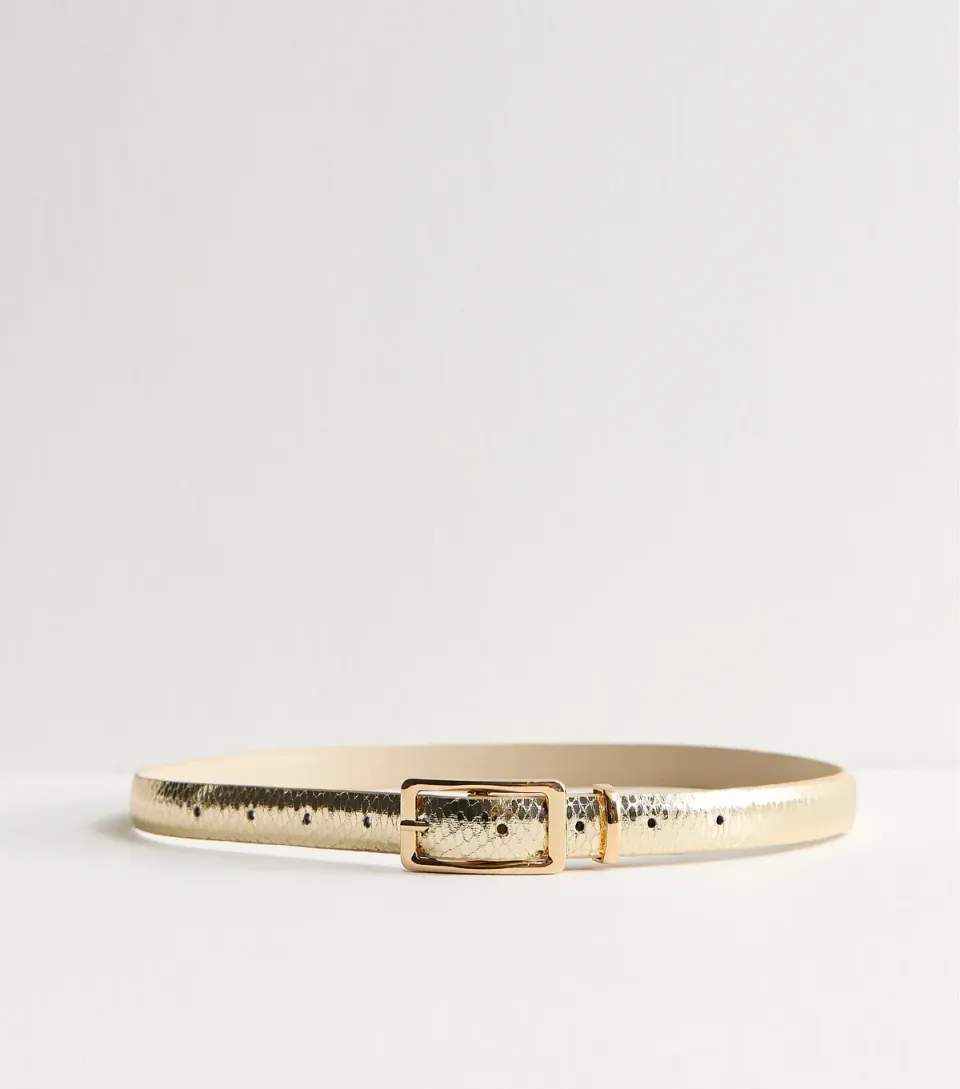 Gold Tone Metallic Faux Snake Skinny Belt