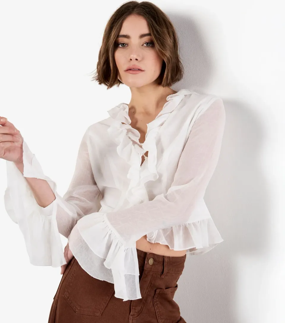 Women's White Ruffle Tie Crop Top
