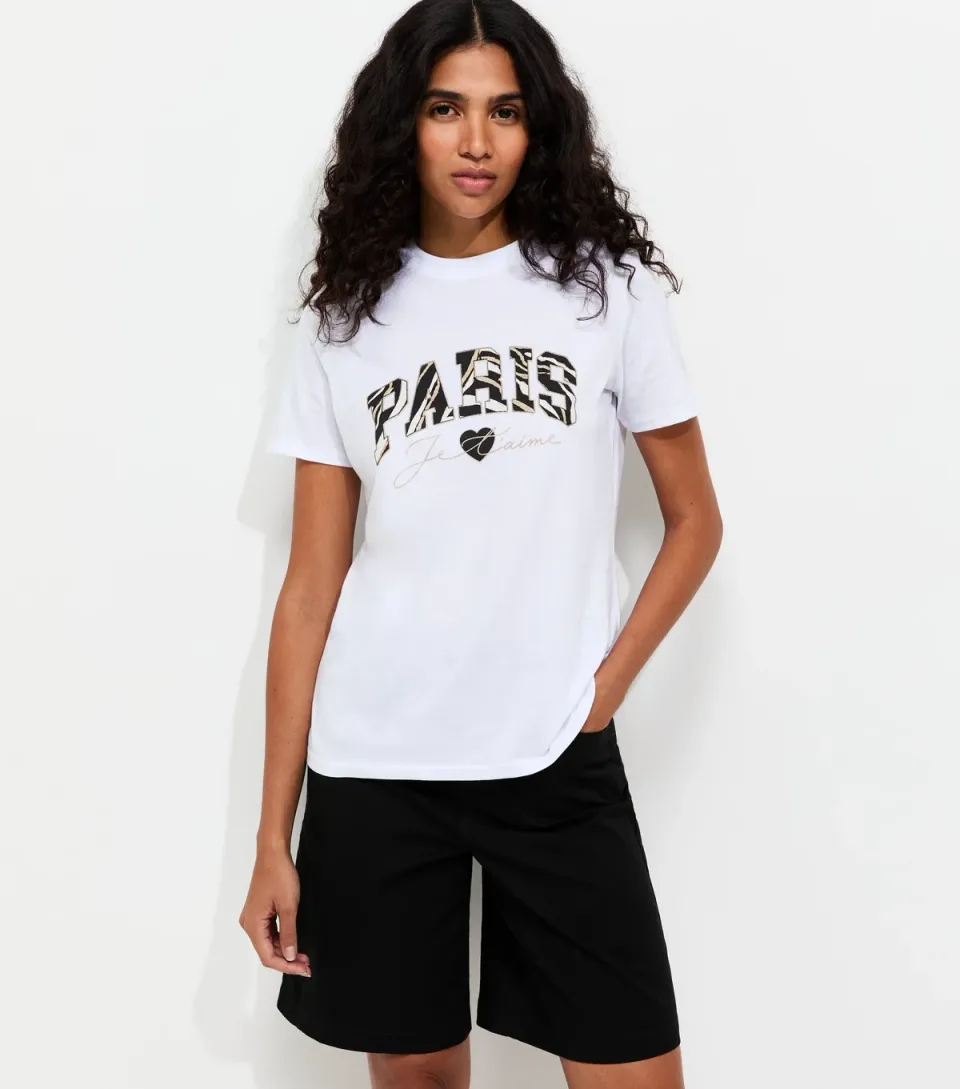 Women's White Cotton Paris Zebra Print Relaxed Fit T-Shirt