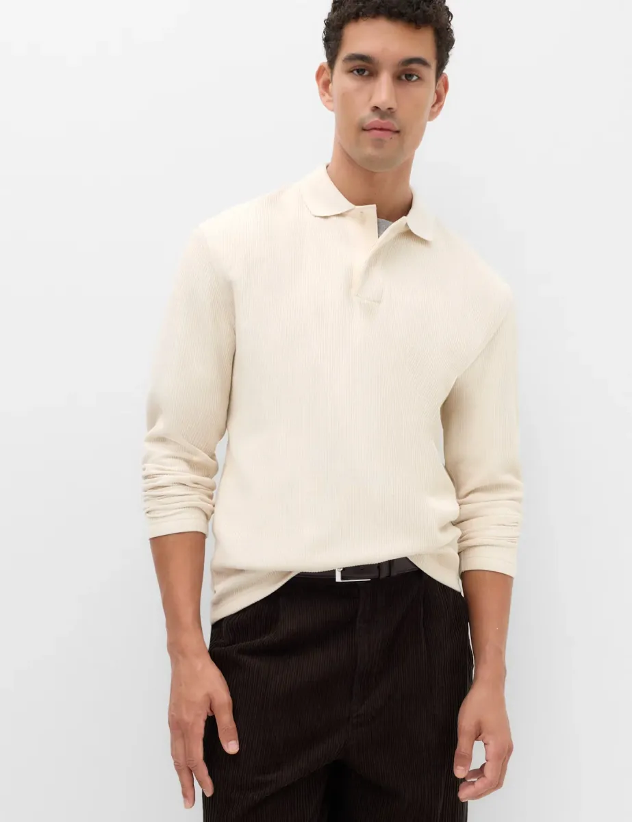 Cotton Blend Ribbed Long Sleeve Polo Shirt Ecru