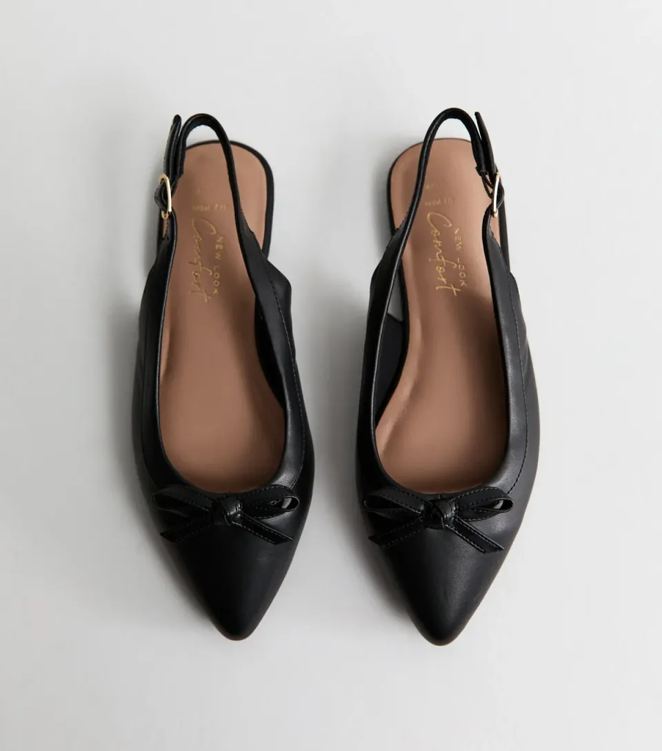 Women's Wide Fit Black Faux Leather Slingback Flats Vegan