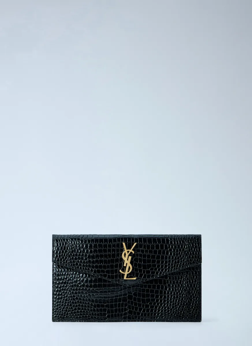 Uptown Crocodile-Embossed Shiny Leather Pouch