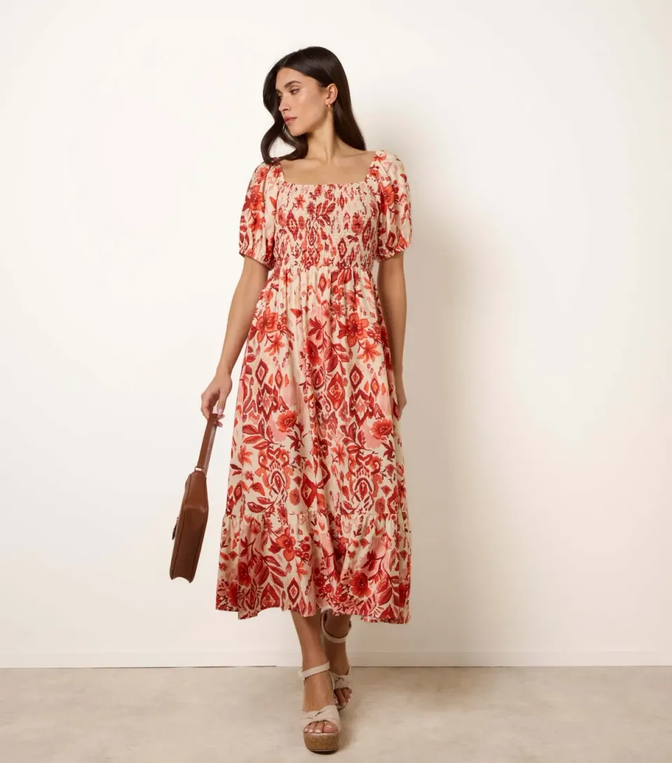 Women's Orange Puff Sleeve Shirred Midi Dress