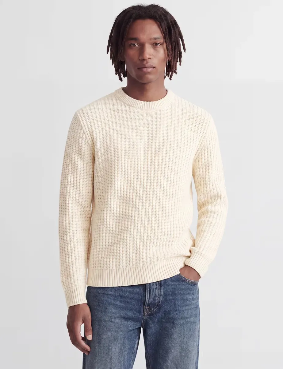 Cotton Blend Cable Crew Neck Fisherman Jumper Beige