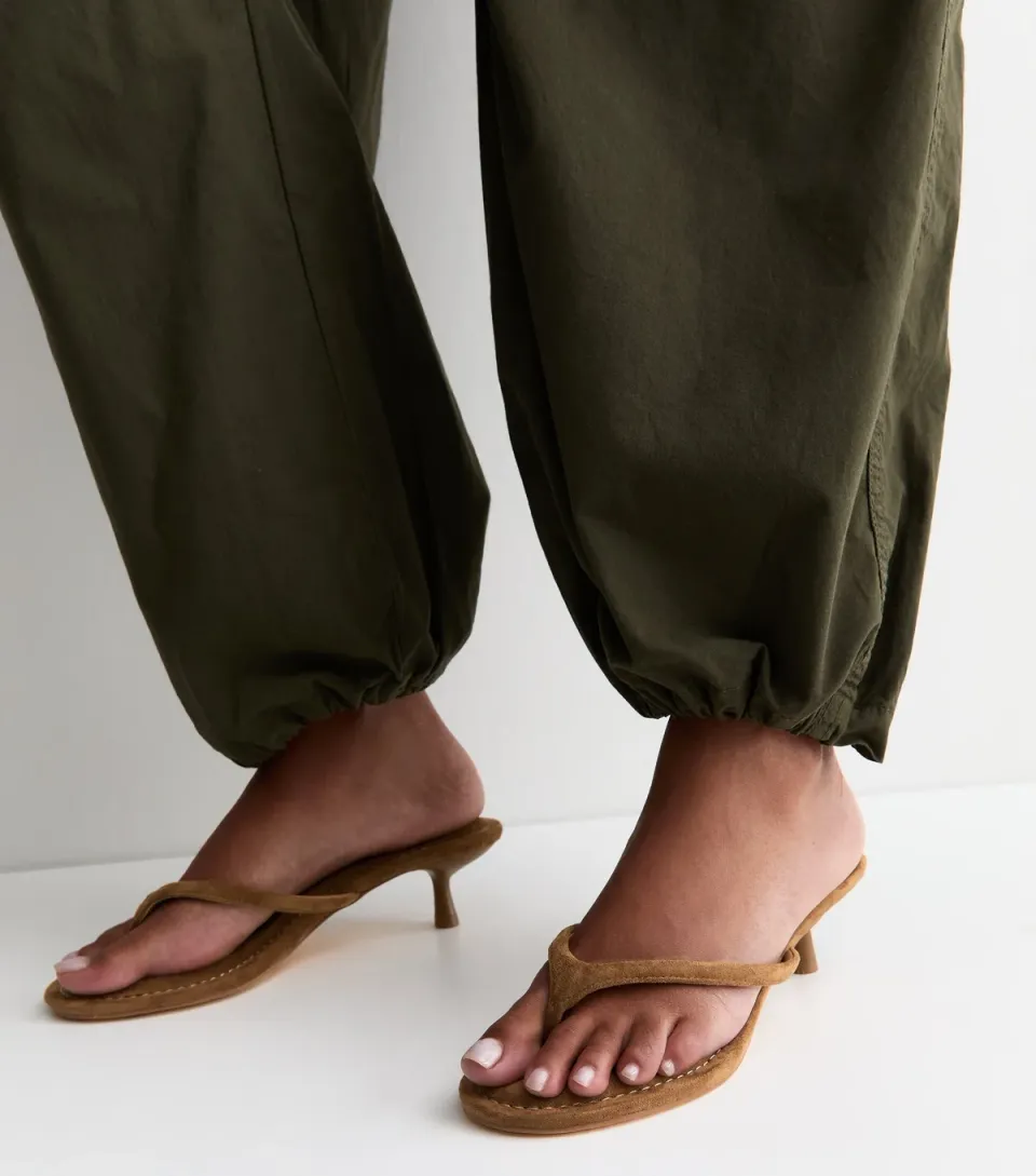 Women's Tan Faux Suede Toe Post Kitten Heel Mules