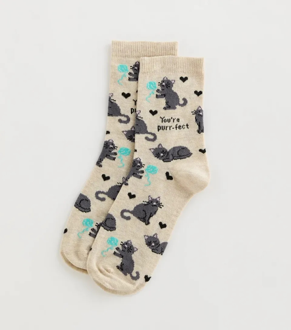 Oatmeal You're Purrfect Cat Patterned Ankle Socks