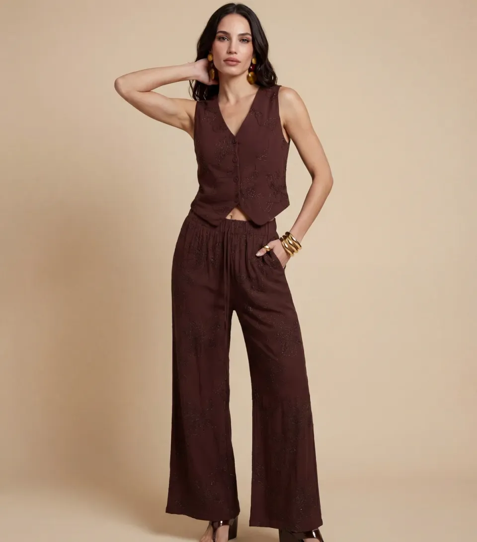 Women's Brown Floral Embellished Wide Leg Trousers