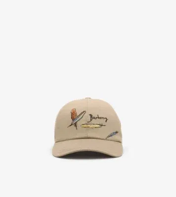 Feather Embroidered Cotton Baseball Cap in Saltmarsh beige