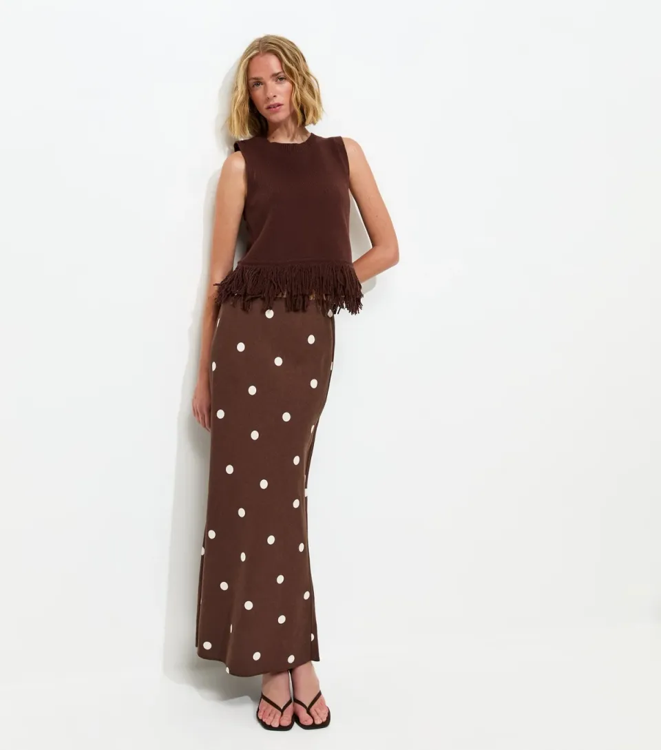 Women's Brown Linen Blend Polka Dot Bias Cut Midi Skirt