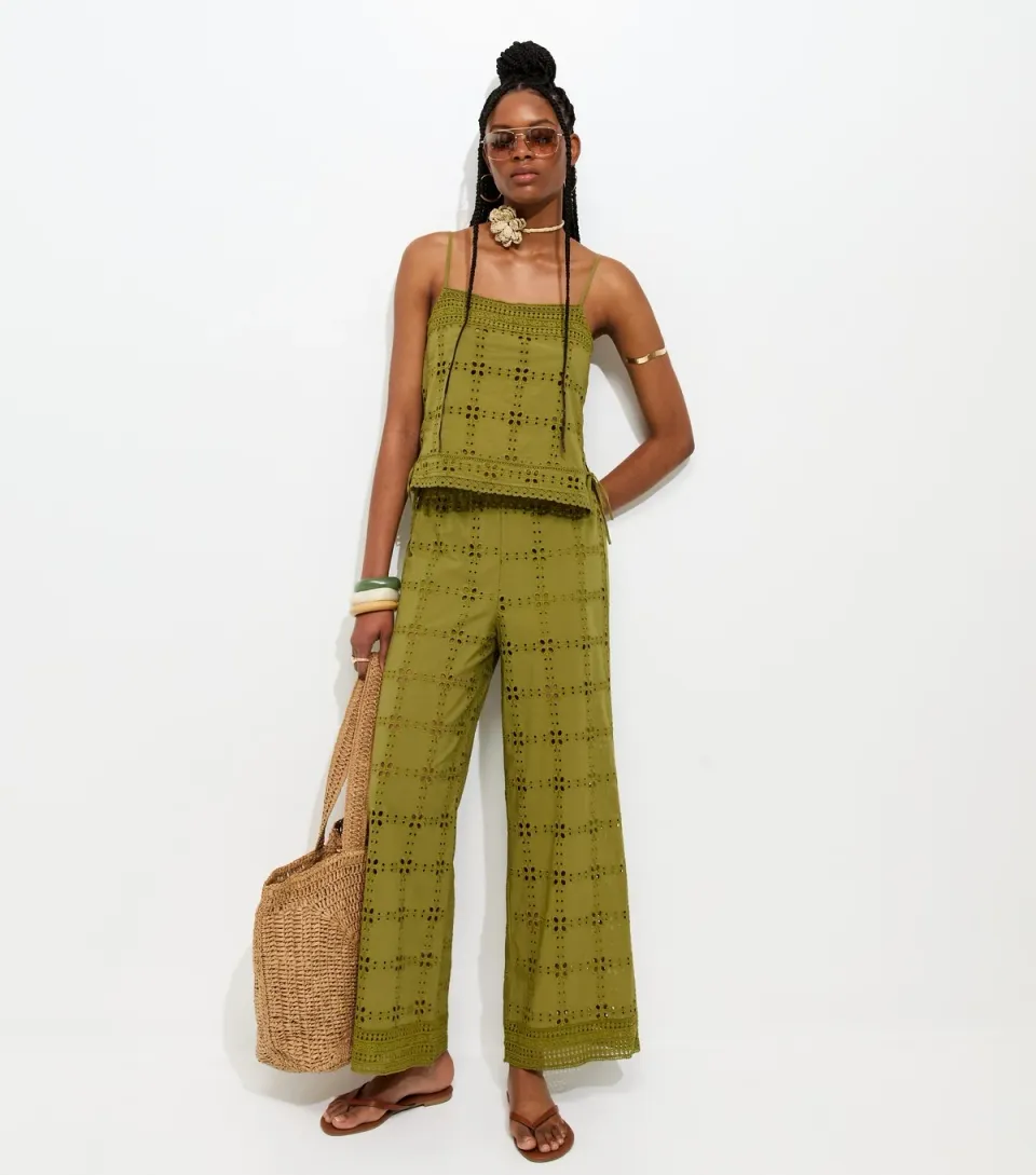 Women's Green Cutwork Wide Leg Trousers