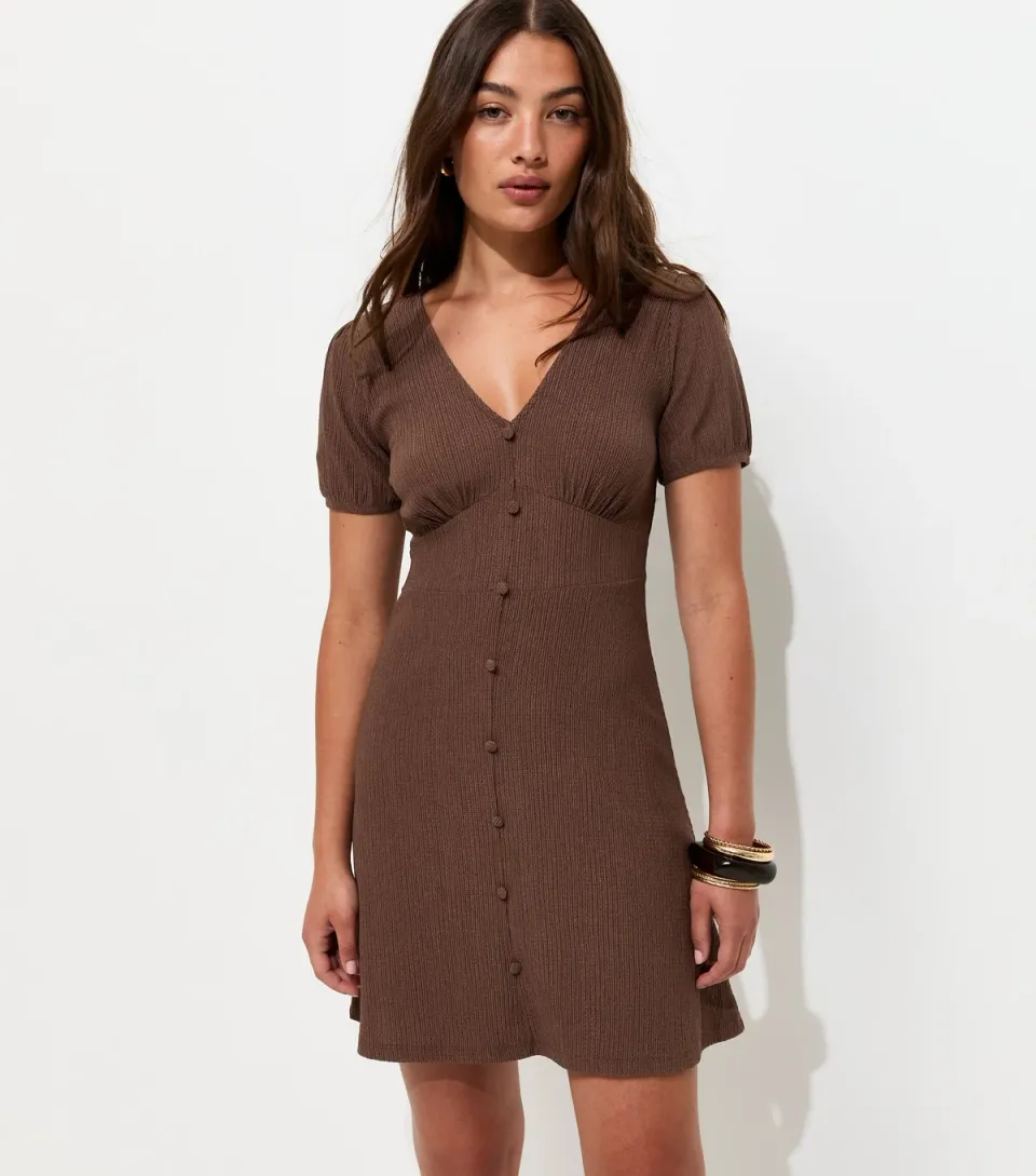 Women's Dark Brown Crinkled Short Sleeve Mini Dress