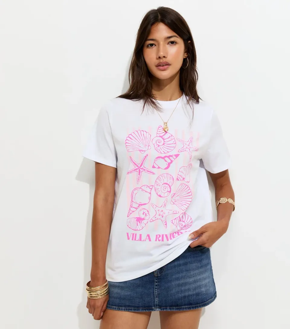 Women's Off White Cotton Shell Print T-Shirt