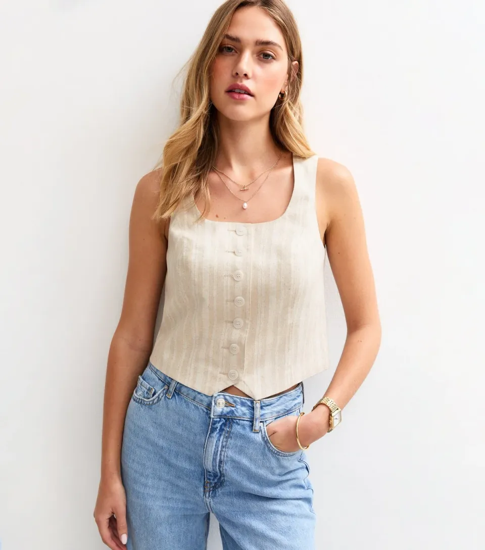 Women's Cream Striped Scoop Neck Waistcoat