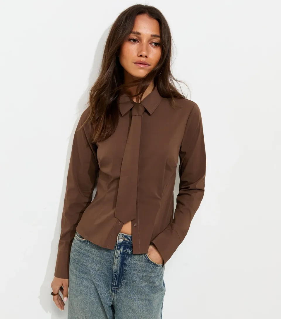 Women's Dark Brown Cotton Rich Tie Neck Fitted Shirt
