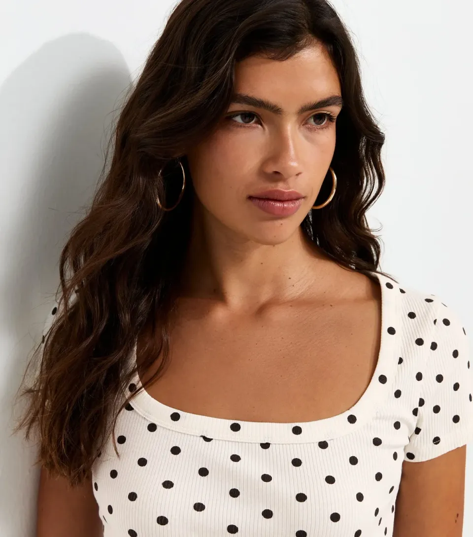 Women's Cream Cotton Rich Polka Dot Square Neck T-Shirt