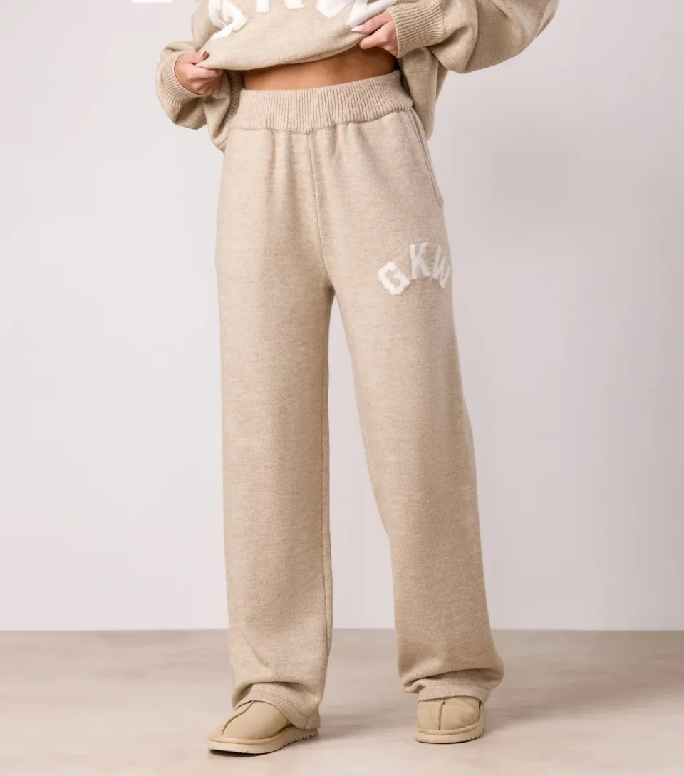 Women's Cream Knit Contrast Logo Straight Leg Trousers
