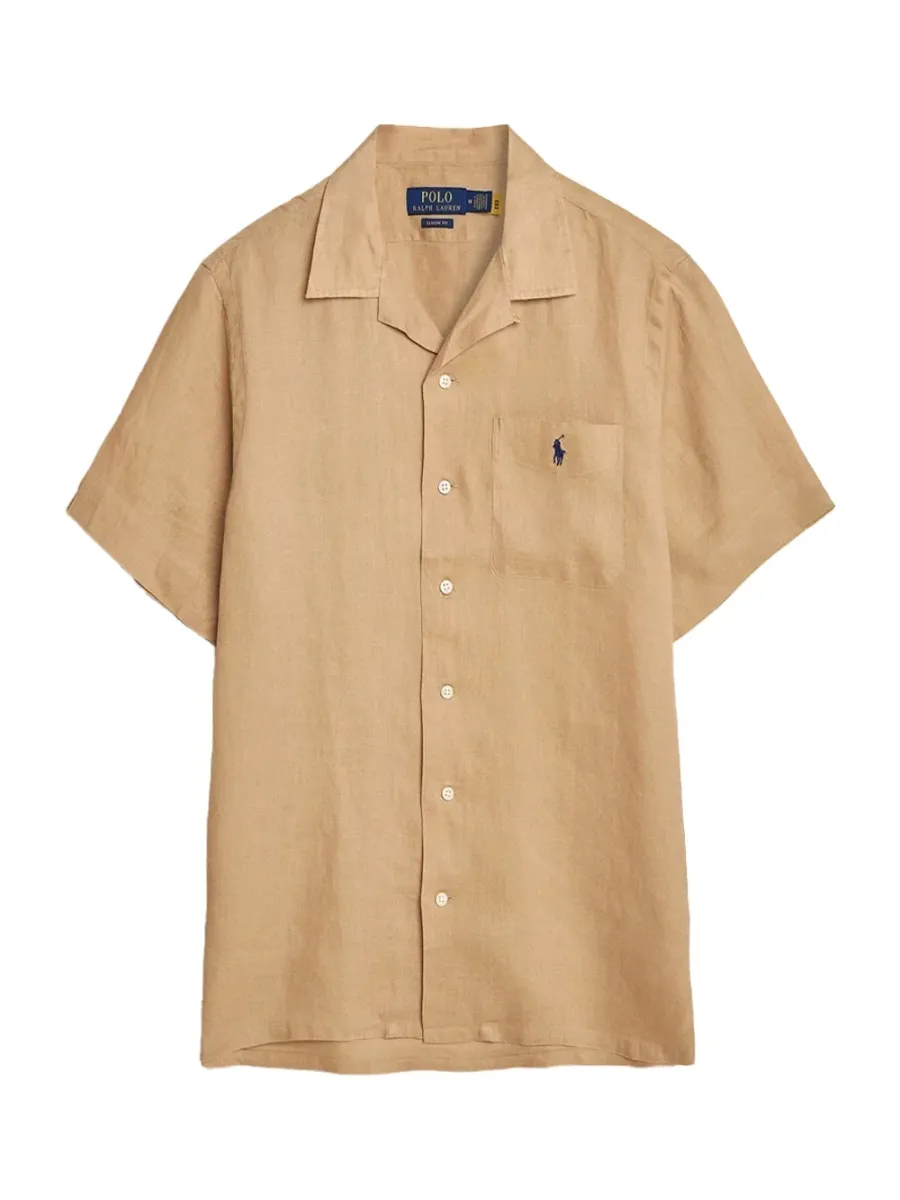 Navy Logo Pocket Linen Shirt Camel