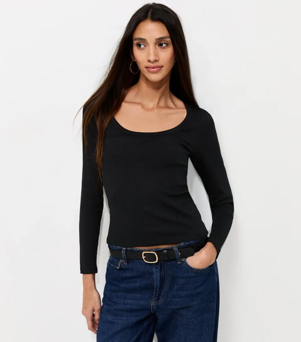 Women's Black Cotton Rich Long Sleeve Ribbed Scoop Neck Top