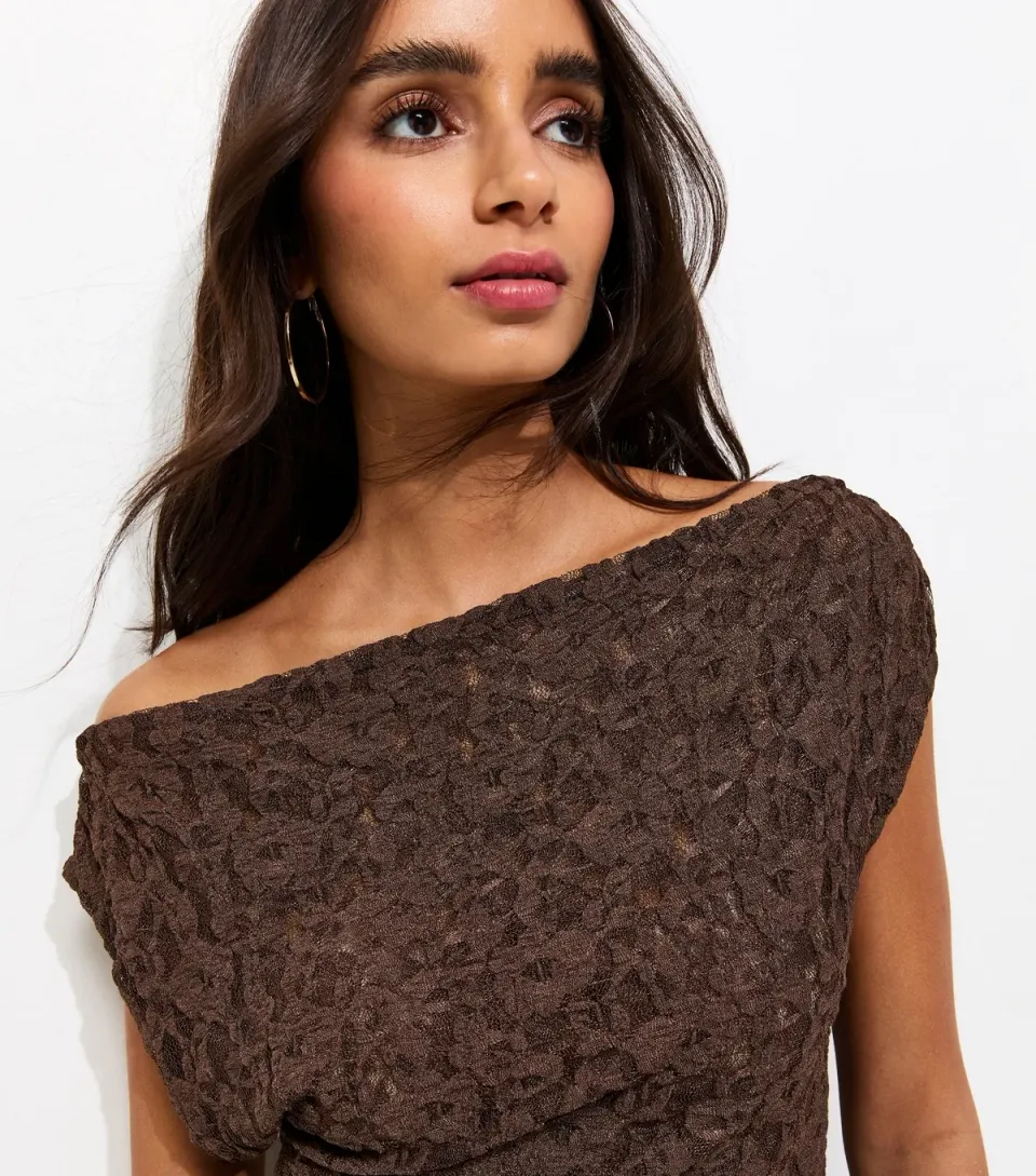Women's Brown Jersey Lace Off The Shoulder Top