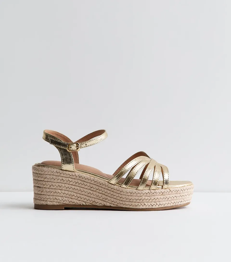 Women's Wide Fit Gold Cage Strap Wedge Sandals Vegan