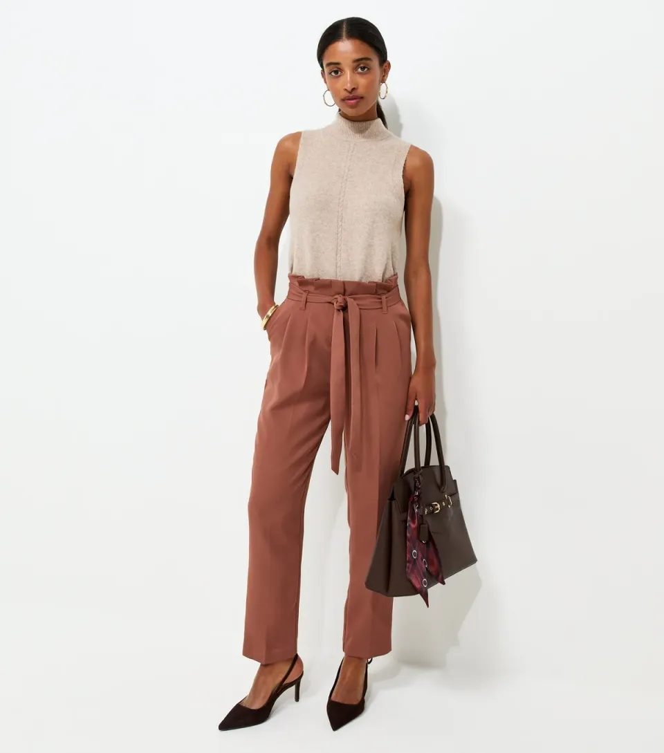 Women's Dark Brown Paperbag Waist Tie Front Trousers