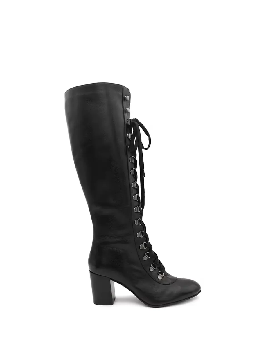 Leather Block Heel Calf Length Boots
