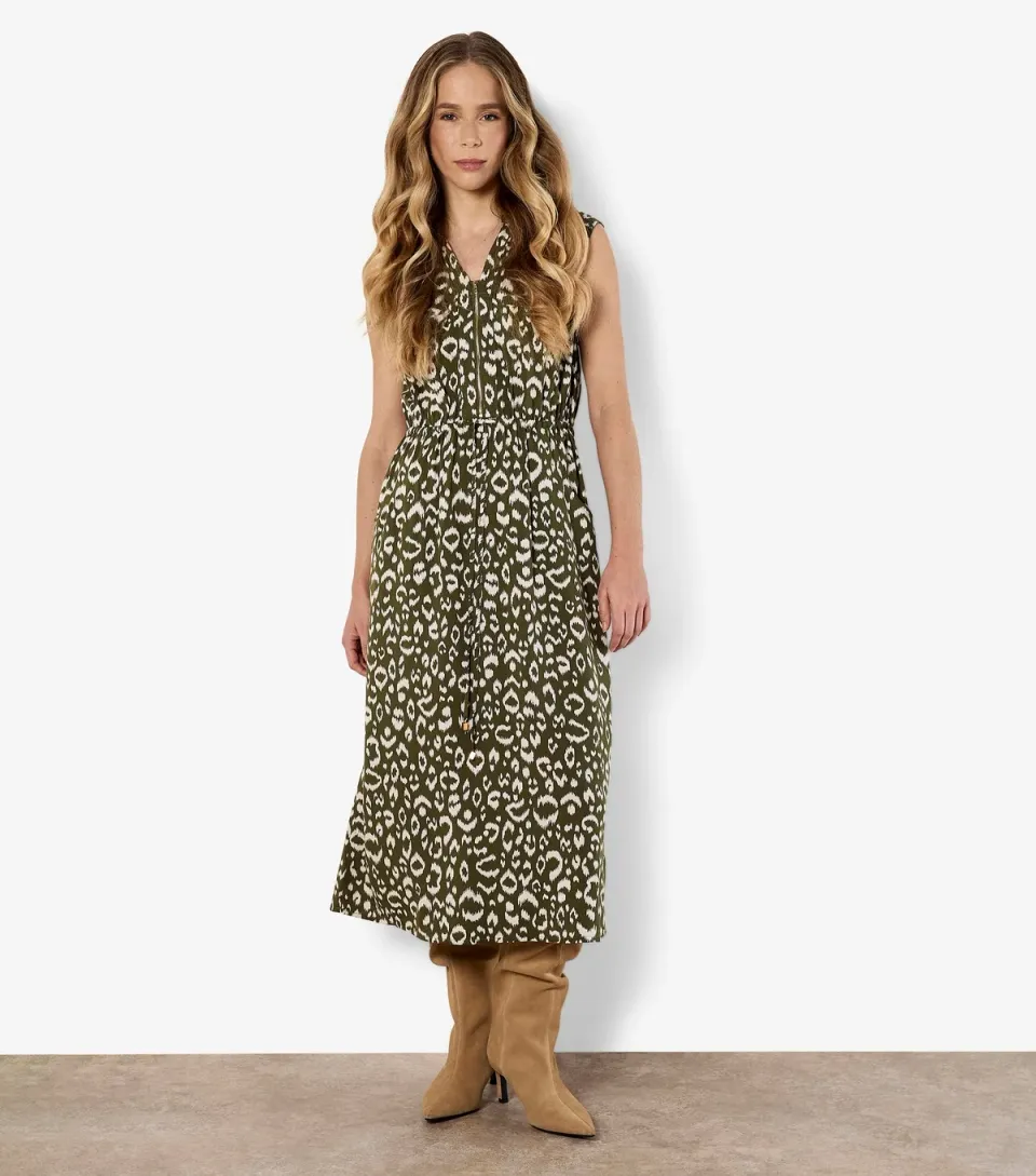 Women's Dark Khaki Animal Print Zip Midi Dress